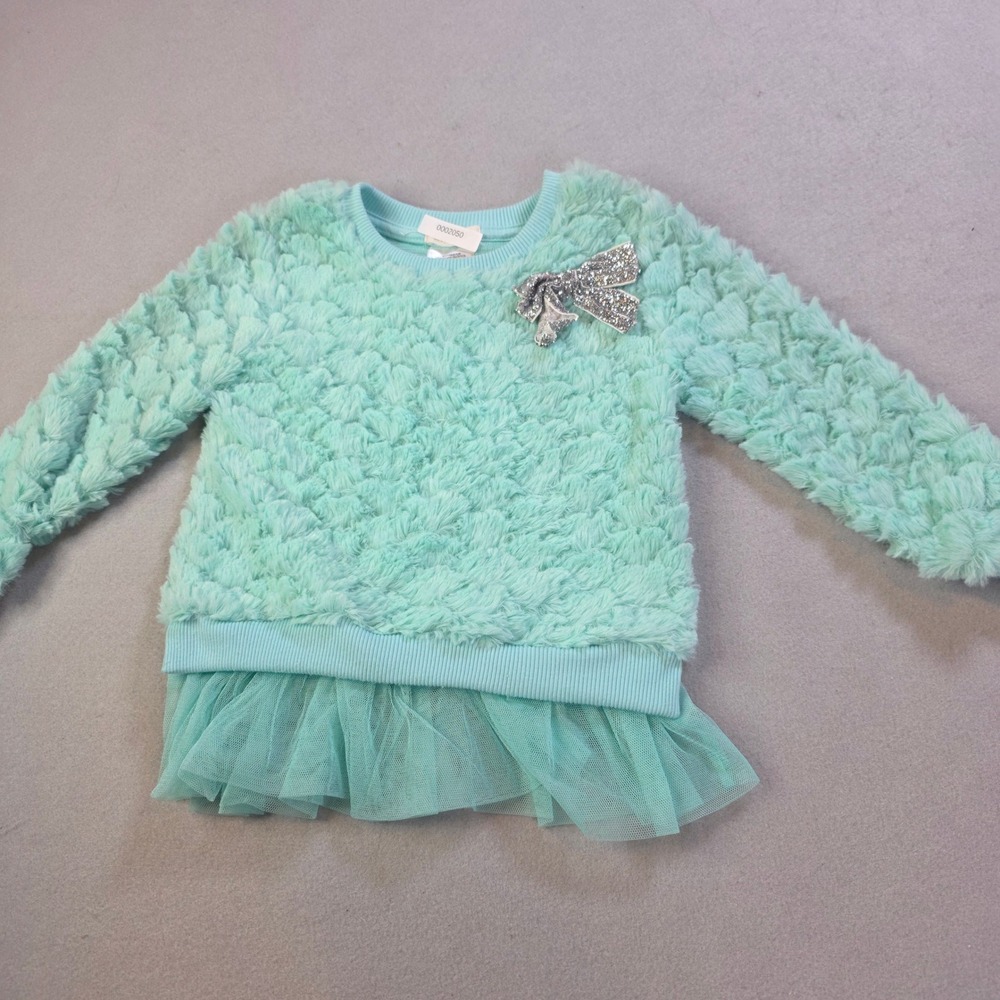 Forever Me Girls 2T Mint Green Faux Fur Sweatshirt Tulle Trim Glitter Bow Flaw